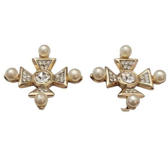 Trifari Gold Tone Clear Rhinestone Faux Pearl Maltese Cross Clip Earrings, M1003 - Picture 2 of 9